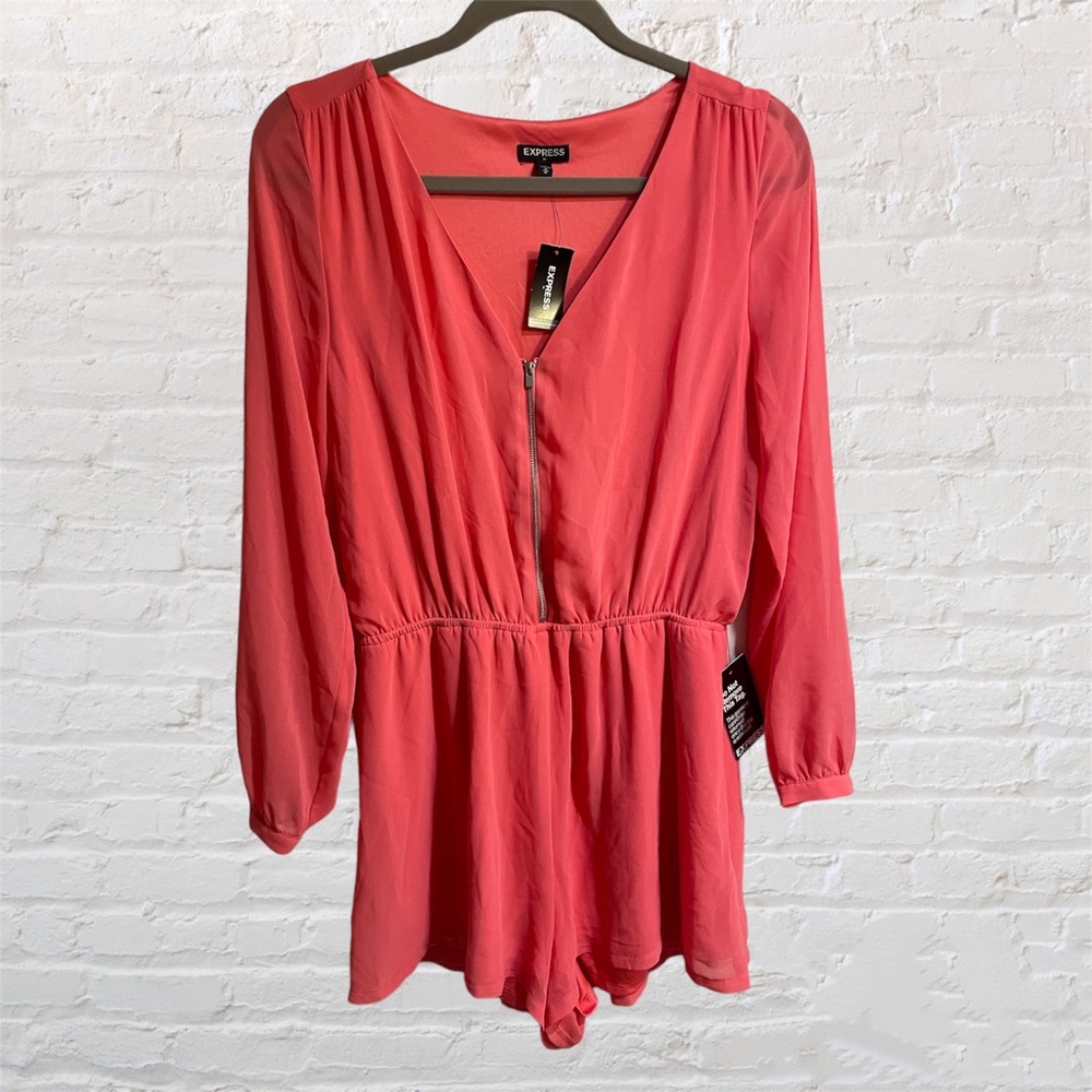 Express Romper Jumpsuit - Bright Coral Pink, Medium, Shorts / long sleeves, NWT